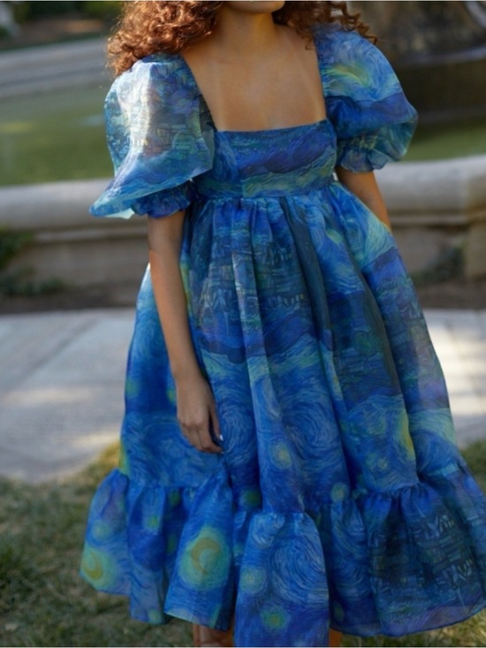 Selkie Dresses & Skirts - Selkie Blue Swirl Midi Dress with Puff Sleeves
